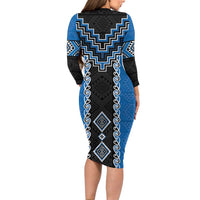 Blue Niho Taniwha Mix Poutama Family Matching Long Sleeve Bodycon Dress and Hawaiian Shirt Unique Taniko Aotearoa LT01 - Polynesian Pride