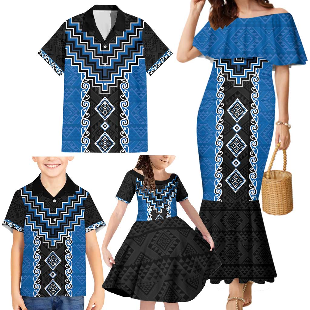 Blue Niho Taniwha Mix Poutama Family Matching Mermaid Dress and Hawaiian Shirt Unique Taniko Aotearoa LT01 - Polynesian Pride