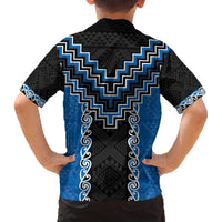 Blue Niho Taniwha Mix Poutama Family Matching Off The Shoulder Long Sleeve Dress and Hawaiian Shirt Unique Taniko Aotearoa LT01 - Polynesian Pride