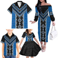 Blue Niho Taniwha Mix Poutama Family Matching Off The Shoulder Long Sleeve Dress and Hawaiian Shirt Unique Taniko Aotearoa LT01 - Polynesian Pride