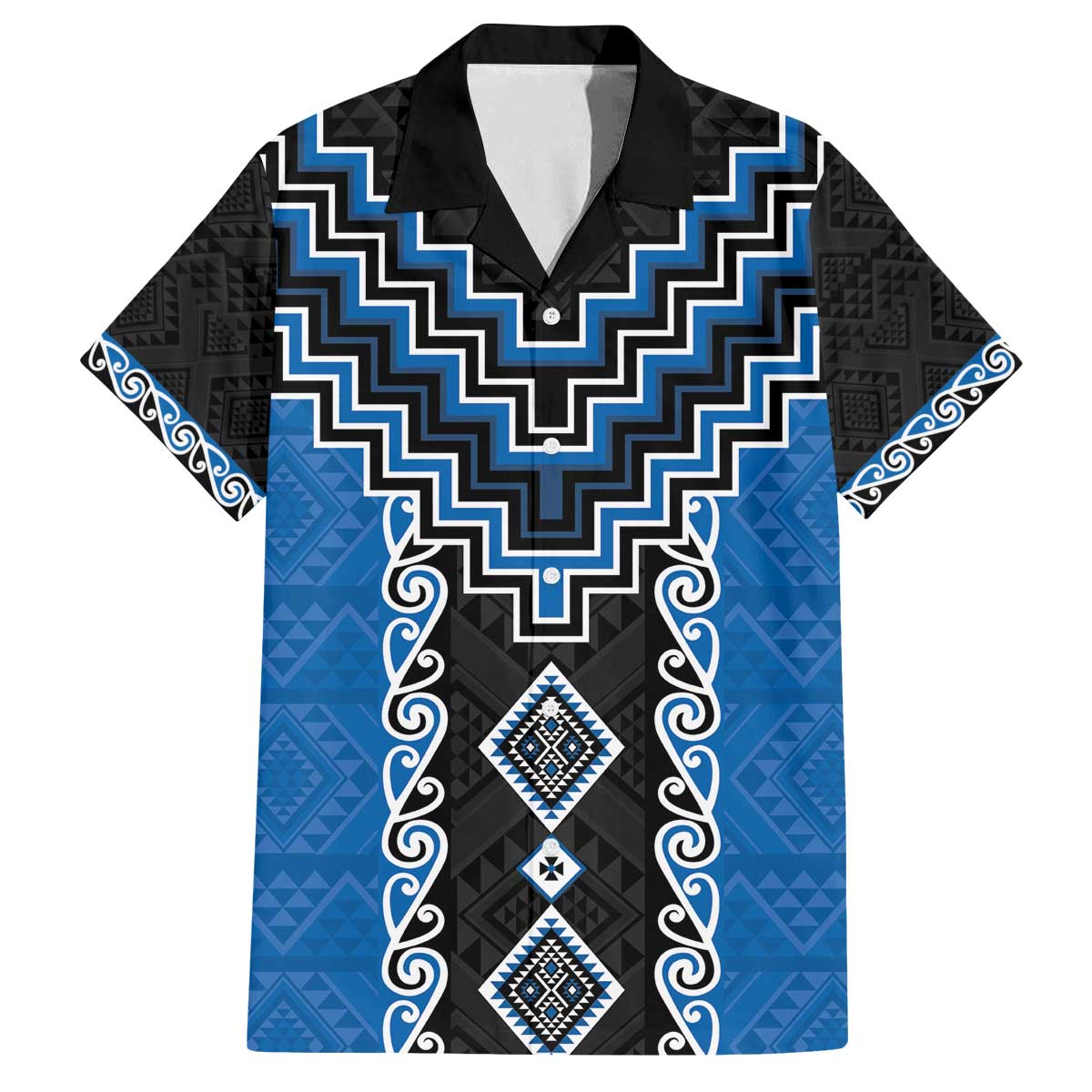 Blue Niho Taniwha Mix Poutama Family Matching Off The Shoulder Long Sleeve Dress and Hawaiian Shirt Unique Taniko Aotearoa LT01 Dad's Shirt - Short Sleeve Blue - Polynesian Pride