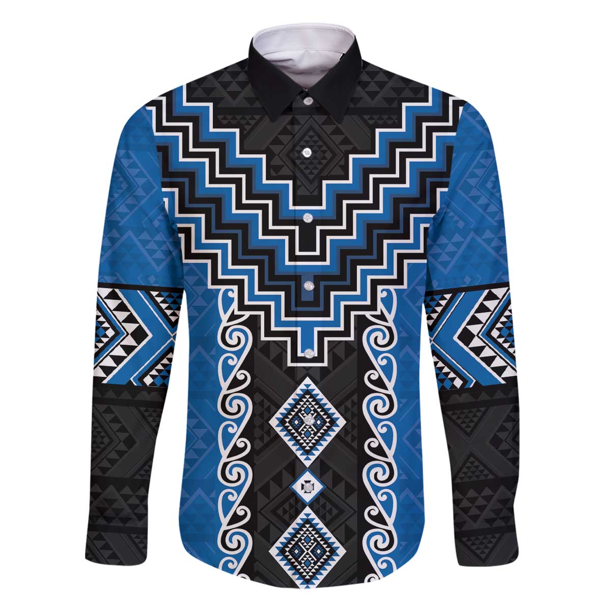 Blue Niho Taniwha Mix Poutama Family Matching Off The Shoulder Long Sleeve Dress and Hawaiian Shirt Unique Taniko Aotearoa LT01 Dad's Shirt - Long Sleeve Blue - Polynesian Pride