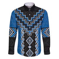 Blue Niho Taniwha Mix Poutama Family Matching Off The Shoulder Long Sleeve Dress and Hawaiian Shirt Unique Taniko Aotearoa LT01 Dad's Shirt - Long Sleeve Blue - Polynesian Pride