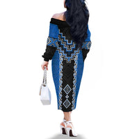 Blue Niho Taniwha Mix Poutama Family Matching Off The Shoulder Long Sleeve Dress and Hawaiian Shirt Unique Taniko Aotearoa LT01 - Polynesian Pride