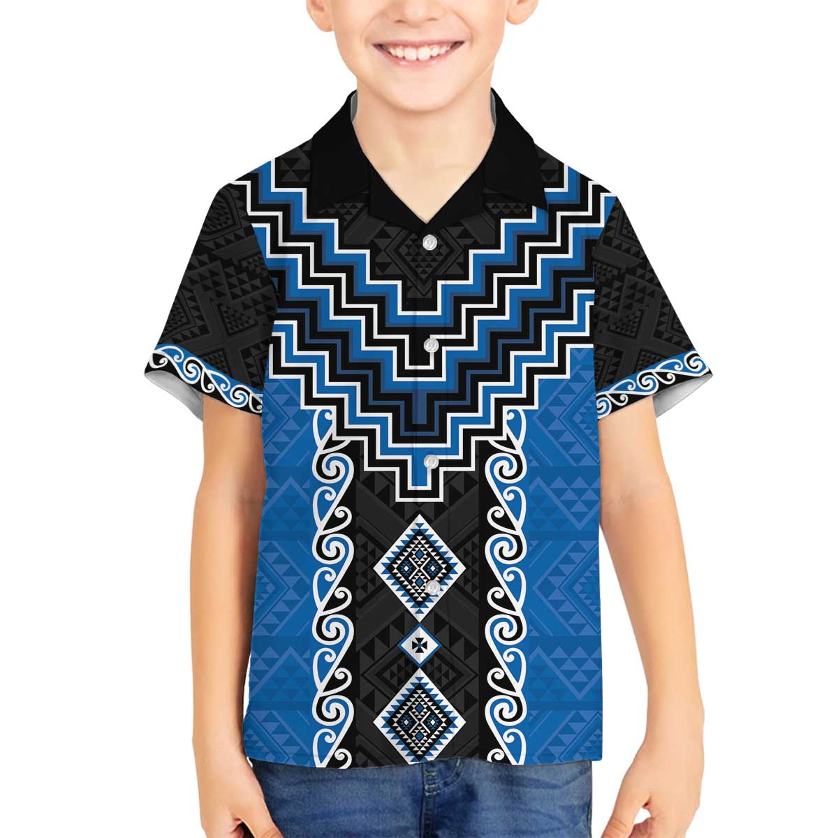 Blue Niho Taniwha Mix Poutama Family Matching Off The Shoulder Long Sleeve Dress and Hawaiian Shirt Unique Taniko Aotearoa LT01 Son's Shirt Blue - Polynesian Pride