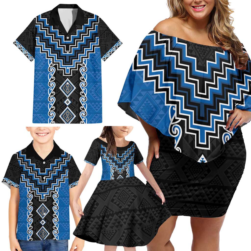 Blue Niho Taniwha Mix Poutama Family Matching Off Shoulder Short Dress and Hawaiian Shirt Unique Taniko Aotearoa LT01 - Polynesian Pride