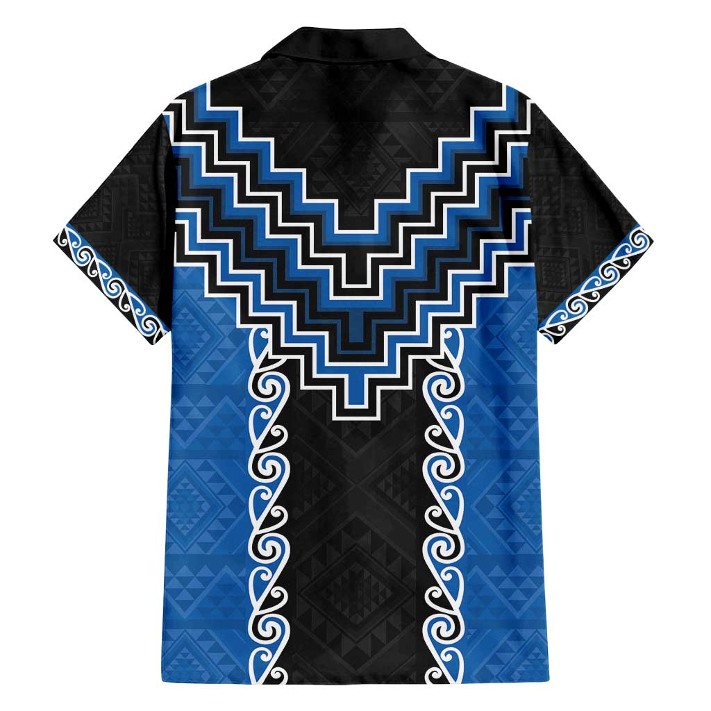 Blue Niho Taniwha Mix Poutama Family Matching Off Shoulder Short Dress and Hawaiian Shirt Unique Taniko Aotearoa