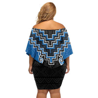 Blue Niho Taniwha Mix Poutama Family Matching Off Shoulder Short Dress and Hawaiian Shirt Unique Taniko Aotearoa