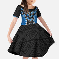 Blue Niho Taniwha Mix Poutama Family Matching Short Sleeve Bodycon Dress and Hawaiian Shirt Unique Taniko Aotearoa LT01 Daughter's Dress Blue - Polynesian Pride