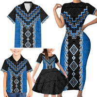 Blue Niho Taniwha Mix Poutama Family Matching Short Sleeve Bodycon Dress and Hawaiian Shirt Unique Taniko Aotearoa LT01 - Polynesian Pride