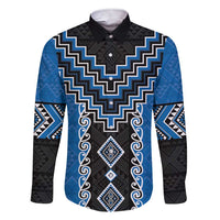 Blue Niho Taniwha Mix Poutama Family Matching Short Sleeve Bodycon Dress and Hawaiian Shirt Unique Taniko Aotearoa LT01 Dad's Shirt - Long Sleeve Blue - Polynesian Pride