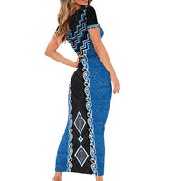 Blue Niho Taniwha Mix Poutama Family Matching Short Sleeve Bodycon Dress and Hawaiian Shirt Unique Taniko Aotearoa LT01 - Polynesian Pride