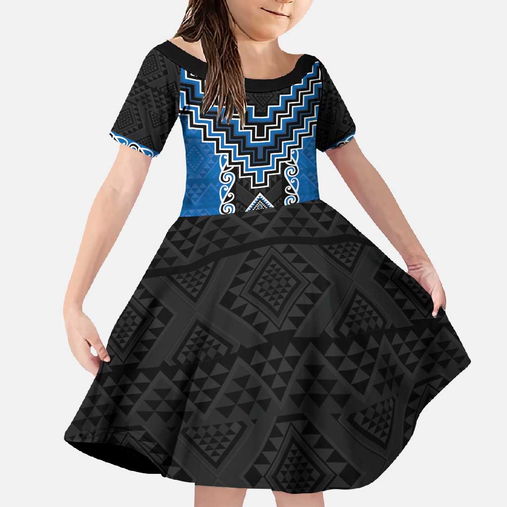 Blue Niho Taniwha Mix Poutama Family Matching Tank Maxi Dress and Hawaiian Shirt Unique Taniko Aotearoa LT01 Daughter's Dress Blue - Polynesian Pride