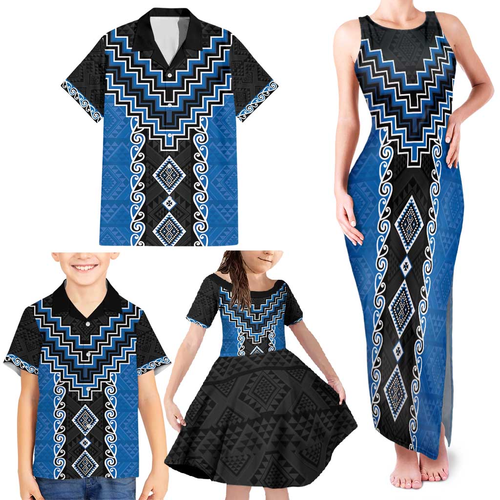 Blue Niho Taniwha Mix Poutama Family Matching Tank Maxi Dress and Hawaiian Shirt Unique Taniko Aotearoa LT01 - Polynesian Pride