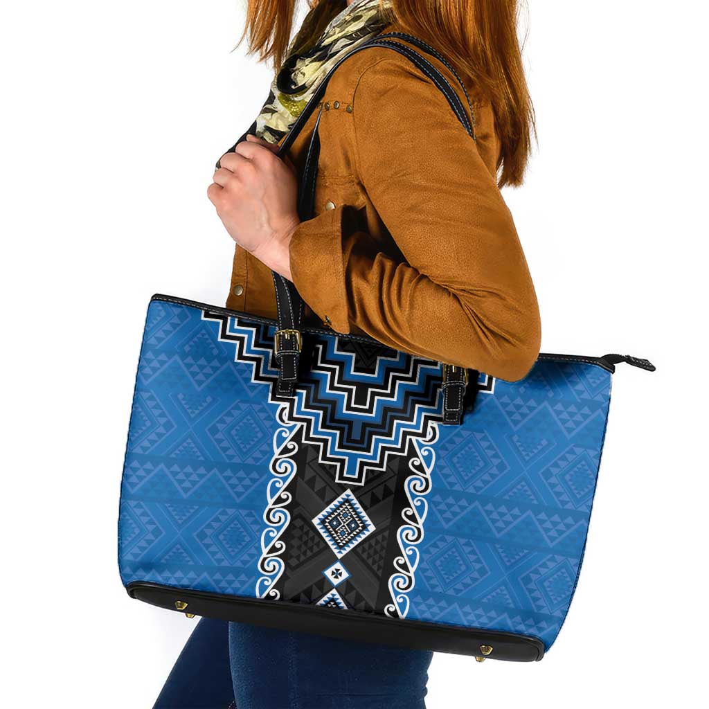 Blue Niho Taniwha Mix Poutama Leather Tote Bag Unique Taniko Aotearoa LT01 Blue - Polynesian Pride
