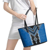 Blue Niho Taniwha Mix Poutama Leather Tote Bag Unique Taniko Aotearoa