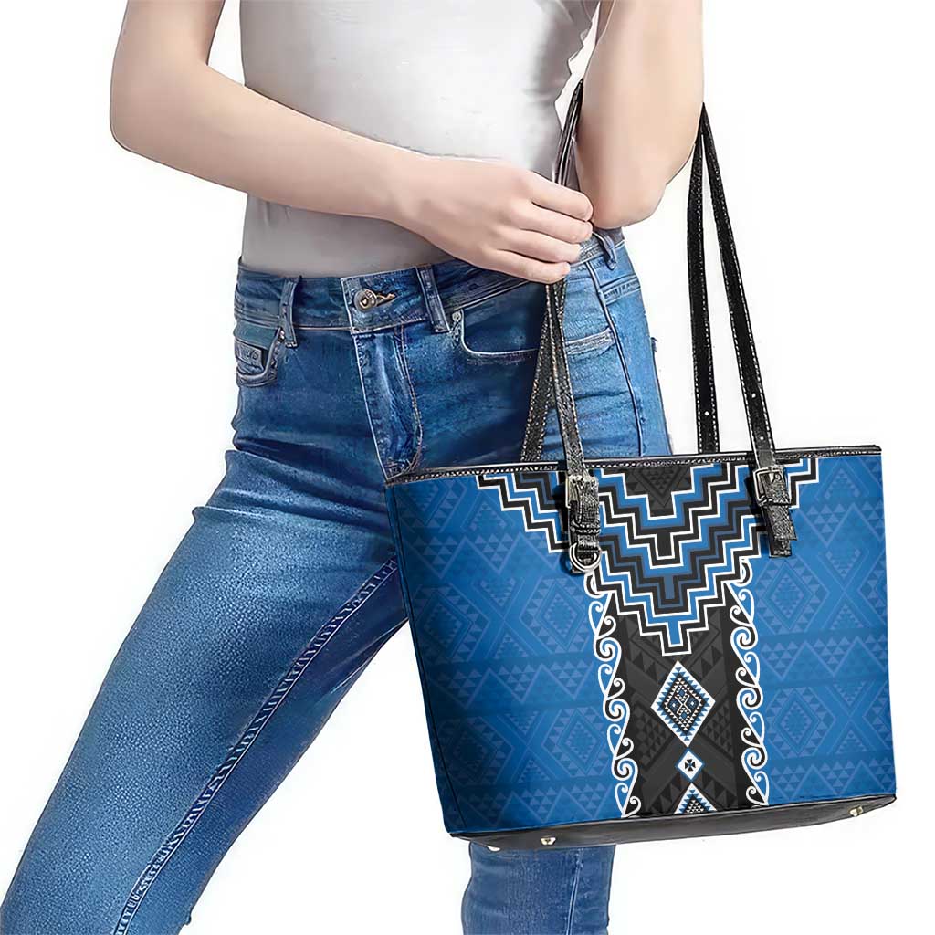 Blue Niho Taniwha Mix Poutama Leather Tote Bag Unique Taniko Aotearoa