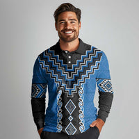 Blue Niho Taniwha Mix Poutama Long Sleeve Polo Shirt Unique Taniko Aotearoa