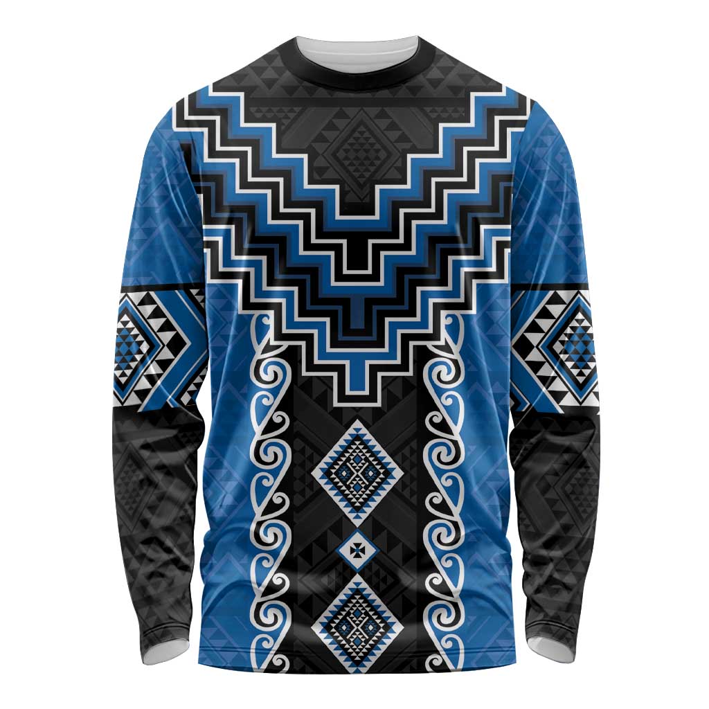 Blue Niho Taniwha Mix Poutama Long Sleeve Shirt Unique Taniko Aotearoa