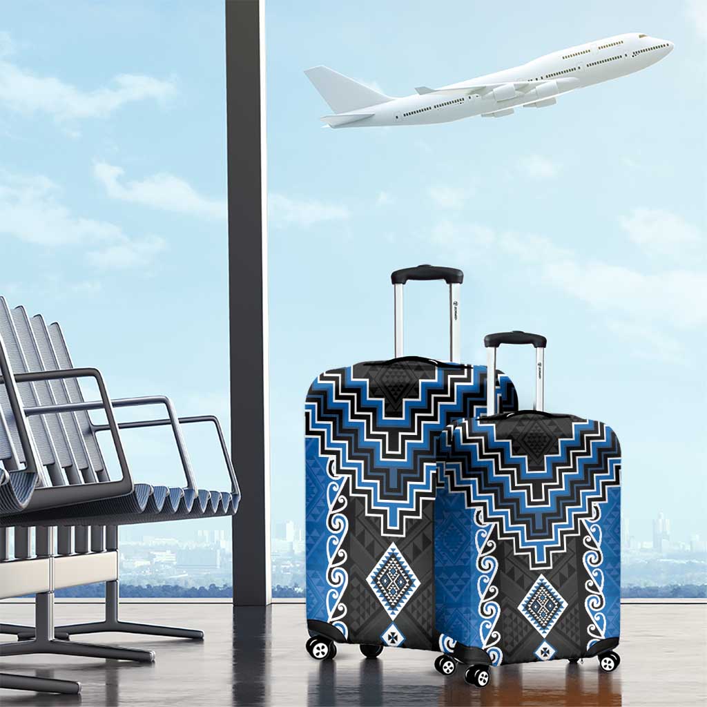Blue Niho Taniwha Mix Poutama Luggage Cover Unique Taniko Aotearoa