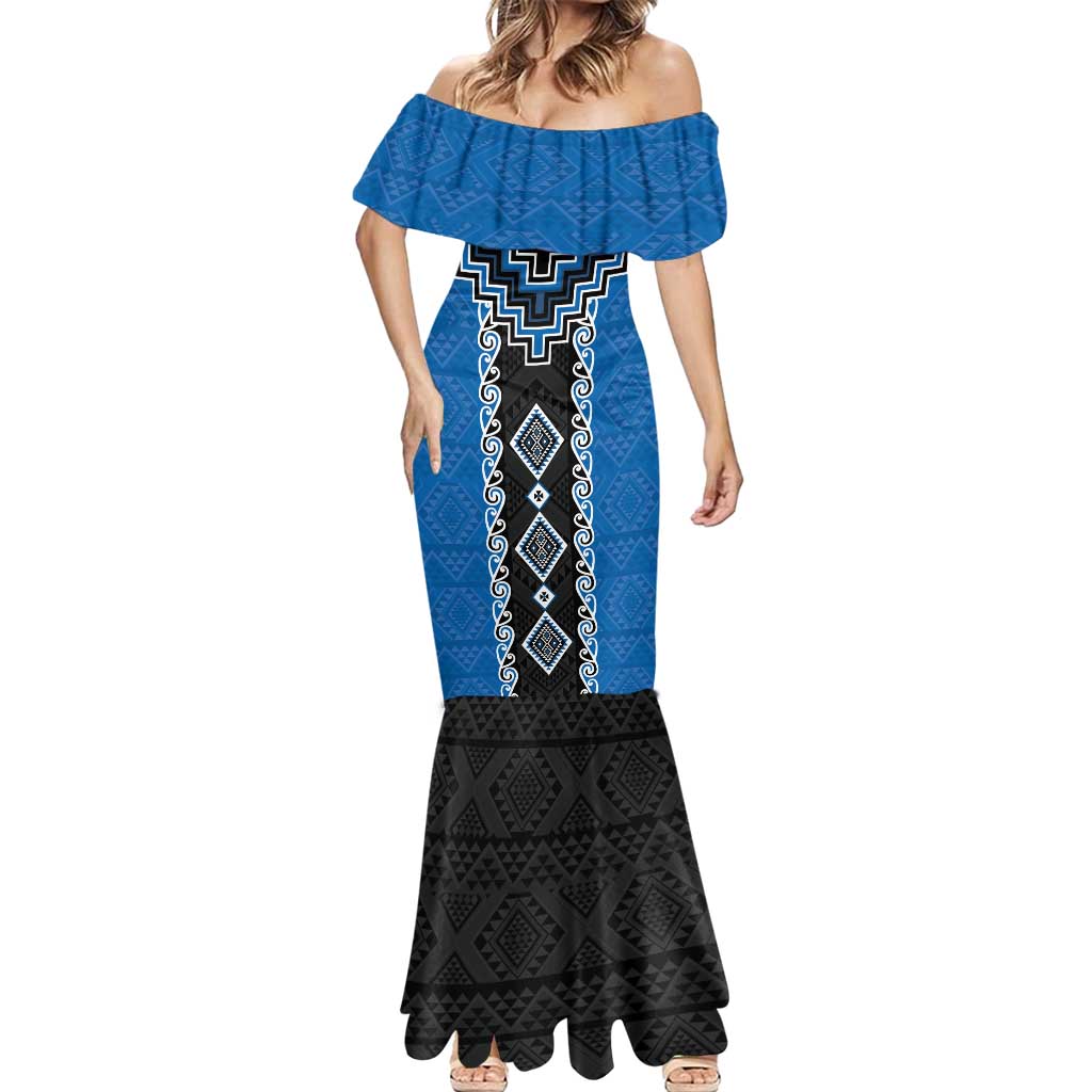 Blue Niho Taniwha Mix Poutama Mermaid Dress Unique Taniko Aotearoa