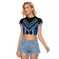 Blue Niho Taniwha Mix Poutama Raglan Cropped T Shirt Unique Taniko Aotearoa