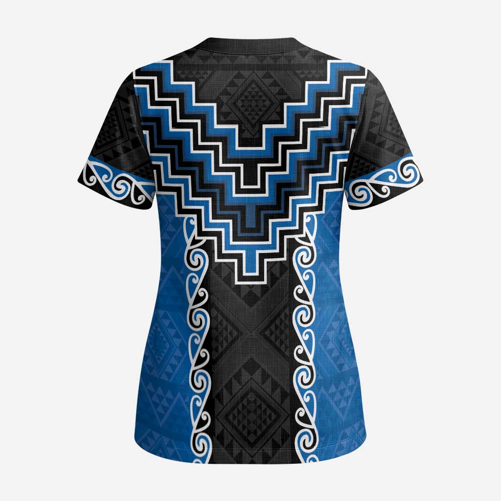 Blue Niho Taniwha Mix Poutama Scrub Top Unique Taniko Aotearoa - Polynesian Pride