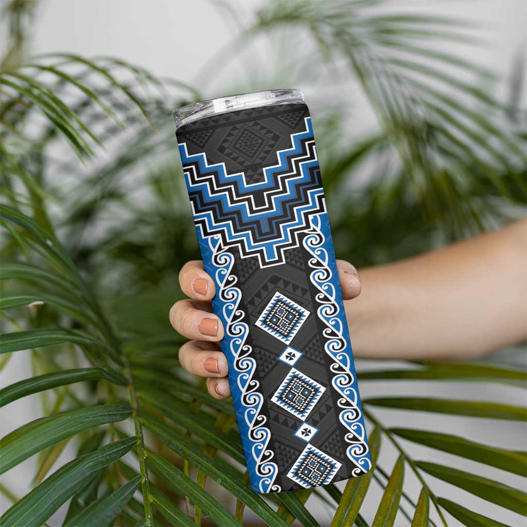 Blue Niho Taniwha Mix Poutama Skinny Tumbler Unique Taniko Aotearoa LT01 - Polynesian Pride