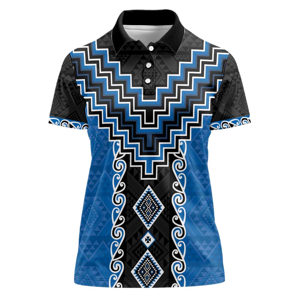 Blue Niho Taniwha Mix Poutama Women Polo Shirt Unique Taniko Aotearoa LT01 Female Blue - Polynesian Pride