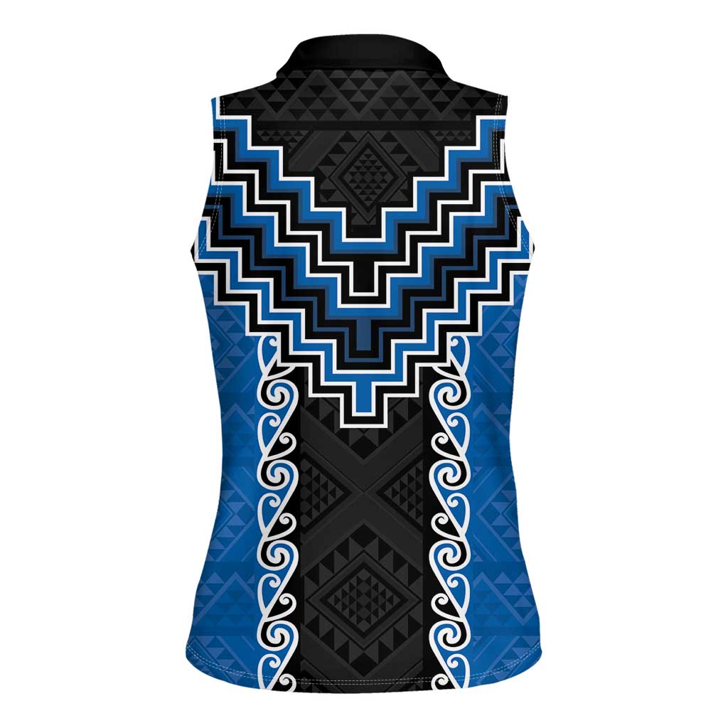 Blue Niho Taniwha Mix Poutama Women Sleeveless Polo Shirt Unique Taniko Aotearoa