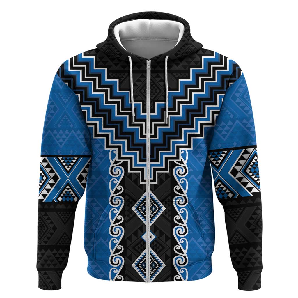 Blue Niho Taniwha Mix Poutama Zip Hoodie Unique Taniko Aotearoa LT01 Zip Hoodie Blue - Polynesian Pride