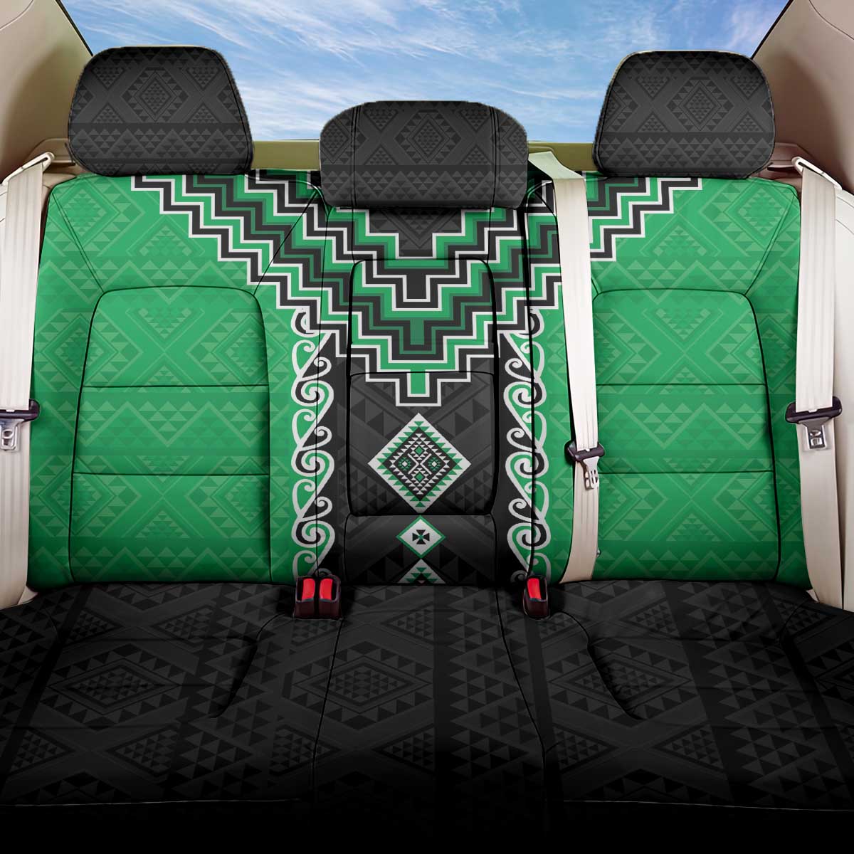 Green Niho Taniwha Mix Poutama Back Car Seat Cover Unique Taniko Aotearoa LT01 One Size Green - Polynesian Pride