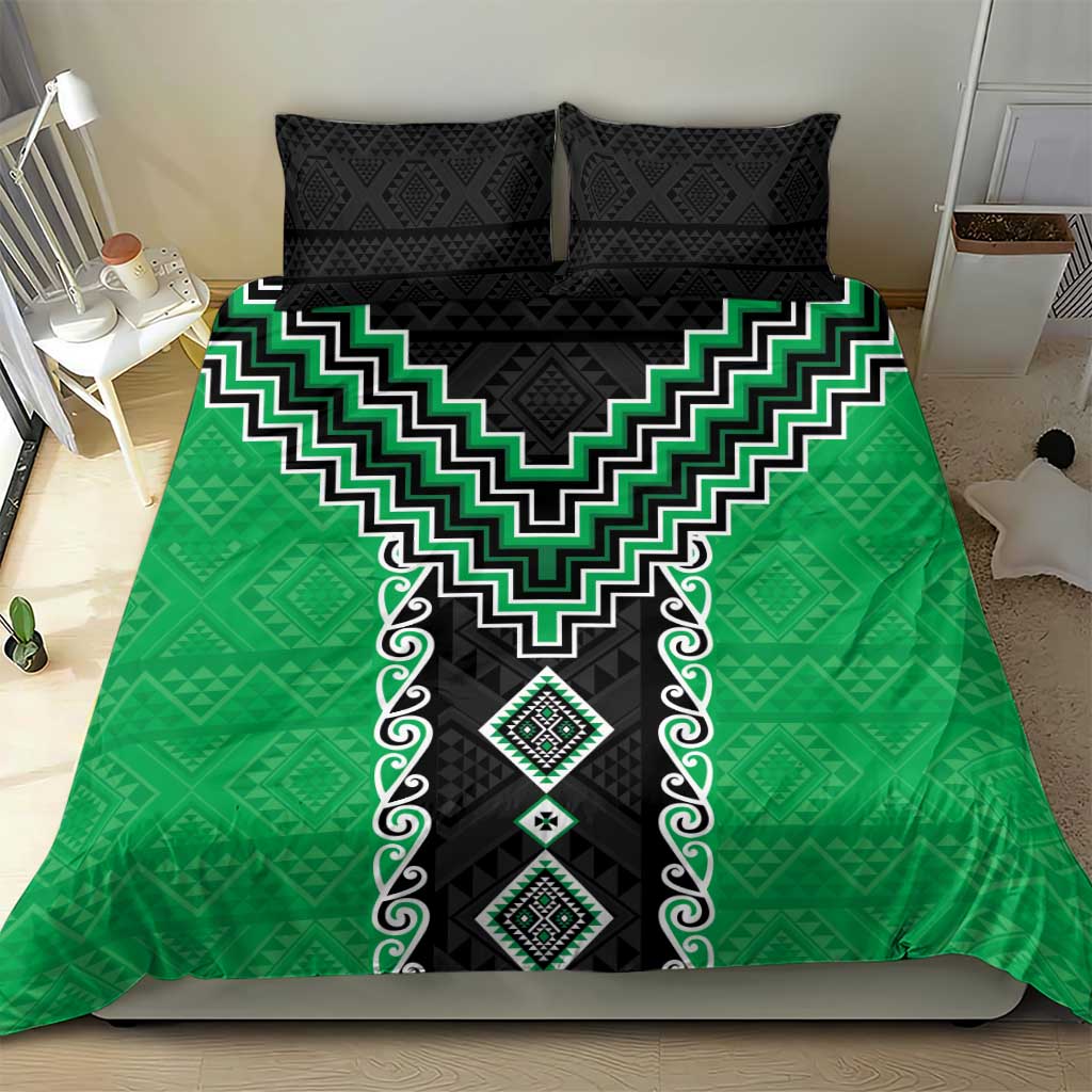 Green Niho Taniwha Mix Poutama Bedding Set Unique Taniko Aotearoa