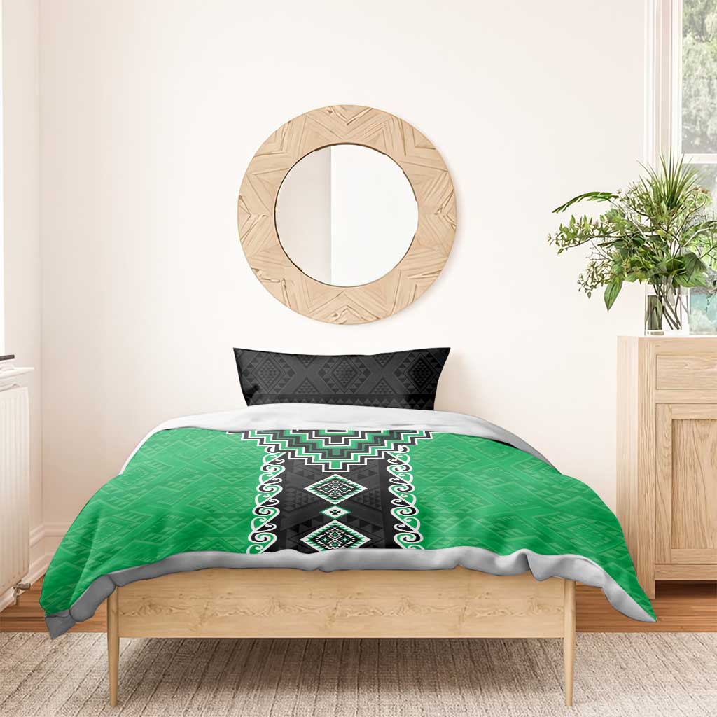 Green Niho Taniwha Mix Poutama Bedding Set Unique Taniko Aotearoa