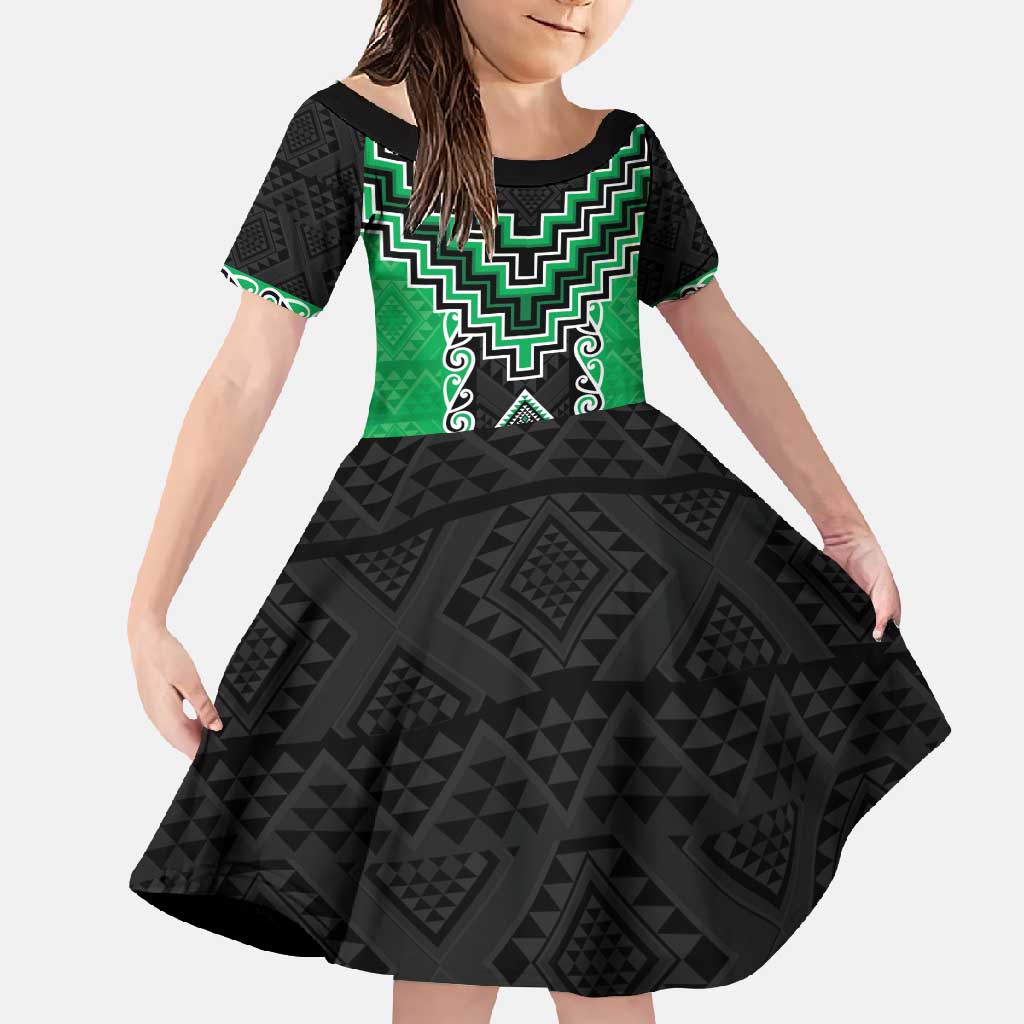 Green Niho Taniwha Mix Poutama Family Matching Long Sleeve Bodycon Dress and Hawaiian Shirt Unique Taniko Aotearoa LT01 Daughter's Dress Green - Polynesian Pride