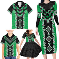 Green Niho Taniwha Mix Poutama Family Matching Long Sleeve Bodycon Dress and Hawaiian Shirt Unique Taniko Aotearoa LT01 - Polynesian Pride