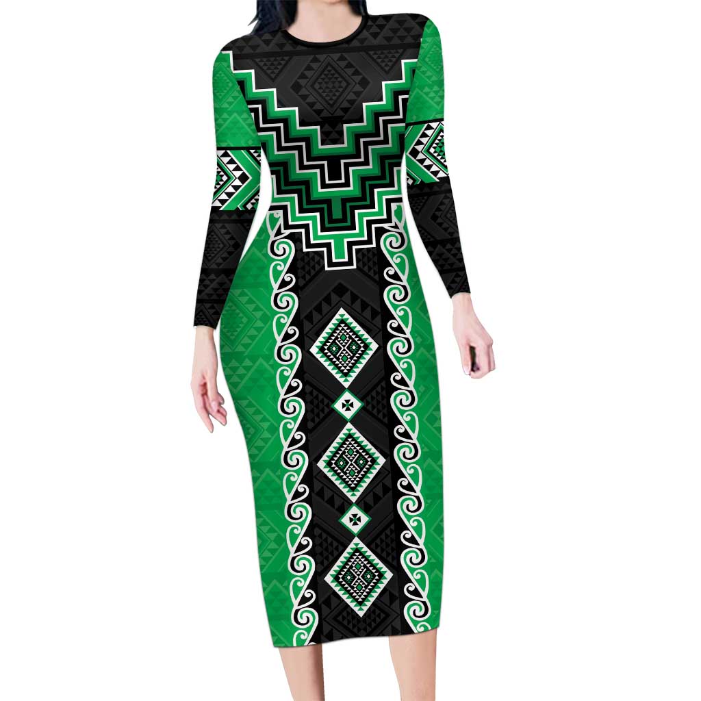Green Niho Taniwha Mix Poutama Family Matching Long Sleeve Bodycon Dress and Hawaiian Shirt Unique Taniko Aotearoa LT01 Mom's Dress Green - Polynesian Pride