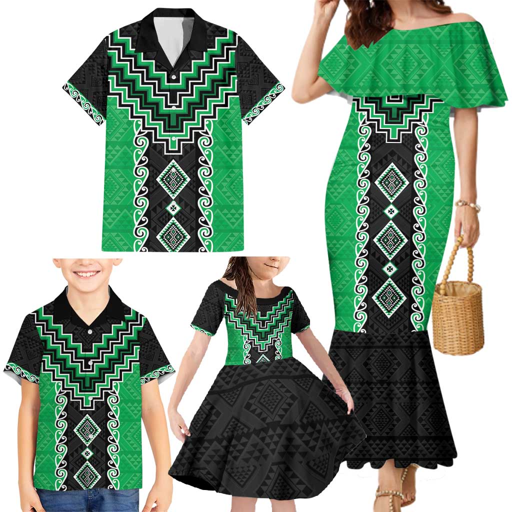Green Niho Taniwha Mix Poutama Family Matching Mermaid Dress and Hawaiian Shirt Unique Taniko Aotearoa LT01 - Polynesian Pride