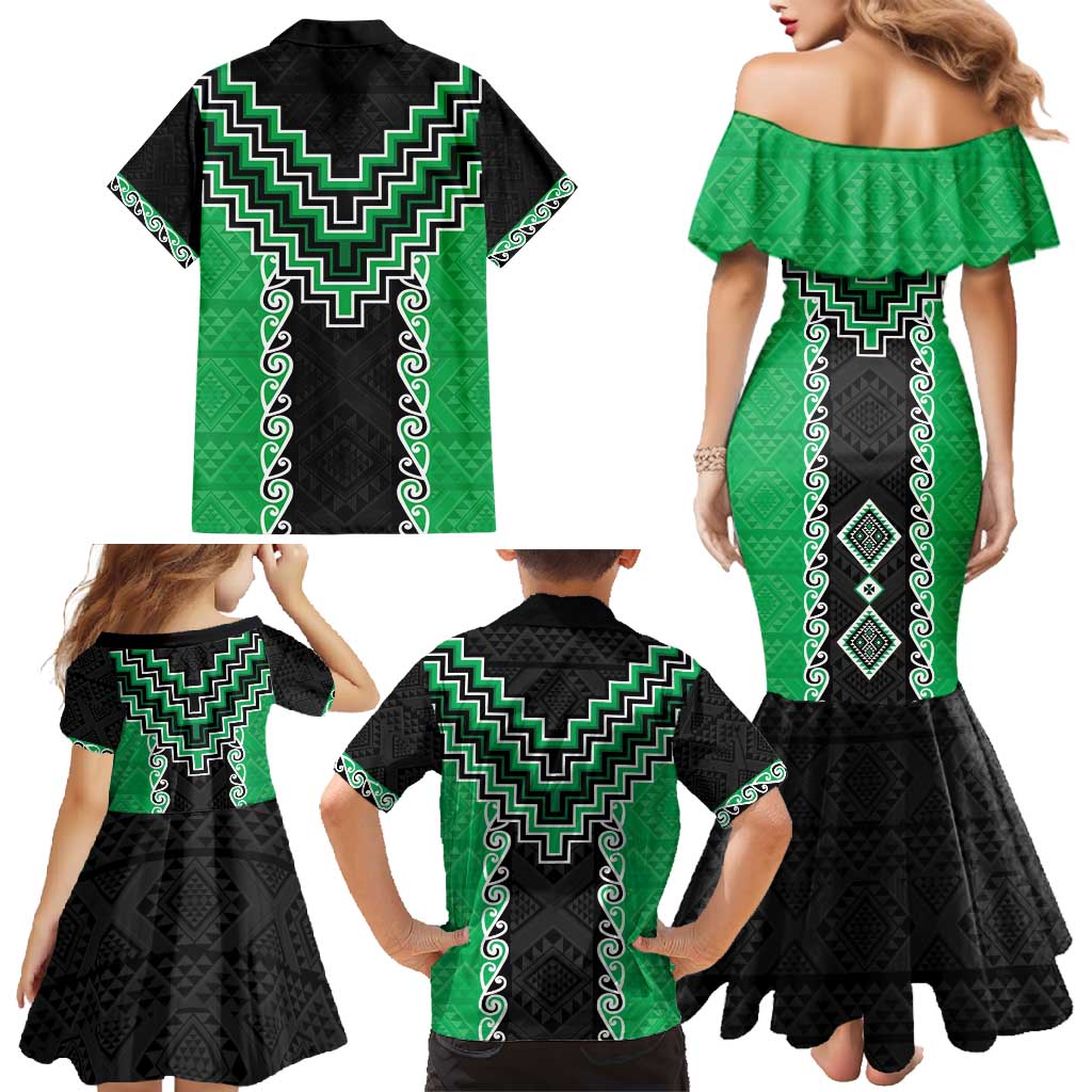 Green Niho Taniwha Mix Poutama Family Matching Mermaid Dress and Hawaiian Shirt Unique Taniko Aotearoa LT01 - Polynesian Pride