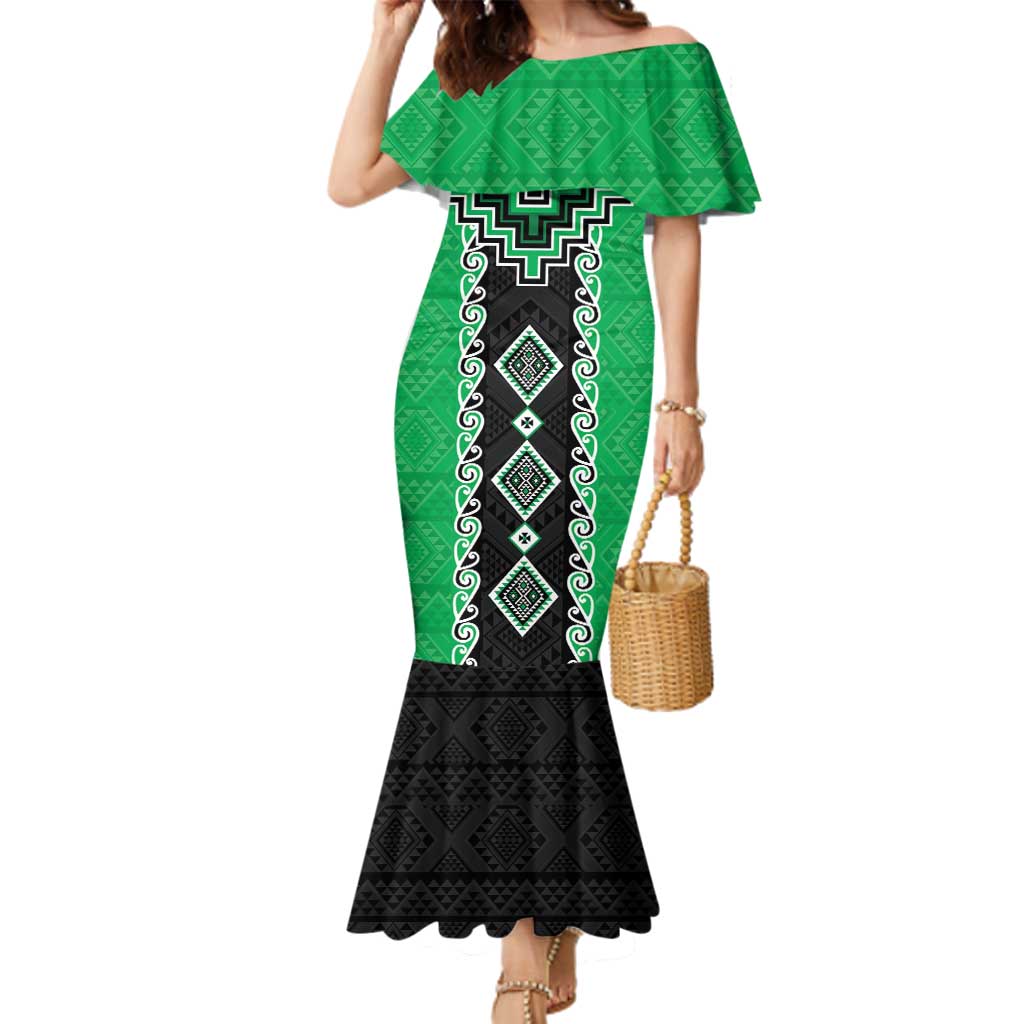 Green Niho Taniwha Mix Poutama Family Matching Mermaid Dress and Hawaiian Shirt Unique Taniko Aotearoa LT01 Mom's Dress Green - Polynesian Pride