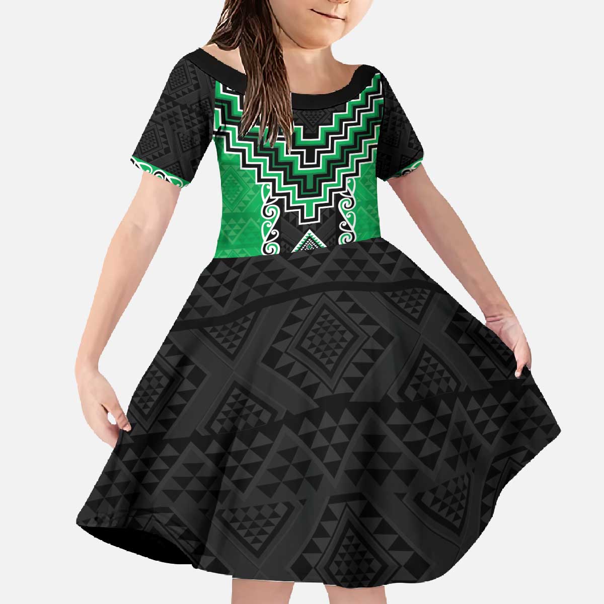Green Niho Taniwha Mix Poutama Family Matching Off The Shoulder Long Sleeve Dress and Hawaiian Shirt Unique Taniko Aotearoa LT01 Daughter's Dress Green - Polynesian Pride