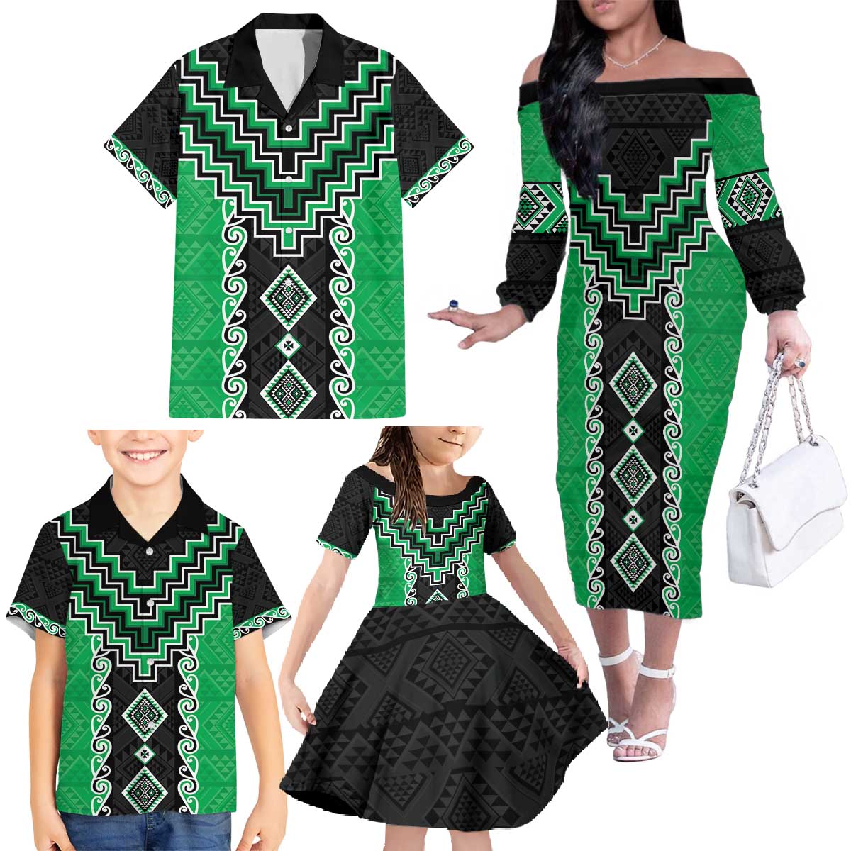 Green Niho Taniwha Mix Poutama Family Matching Off The Shoulder Long Sleeve Dress and Hawaiian Shirt Unique Taniko Aotearoa LT01 - Polynesian Pride
