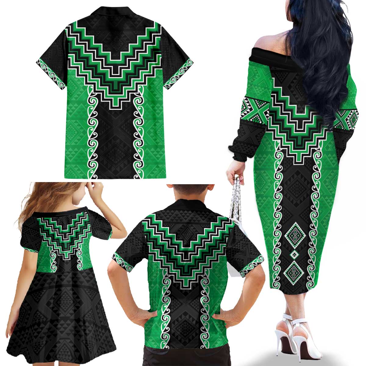 Green Niho Taniwha Mix Poutama Family Matching Off The Shoulder Long Sleeve Dress and Hawaiian Shirt Unique Taniko Aotearoa LT01 - Polynesian Pride