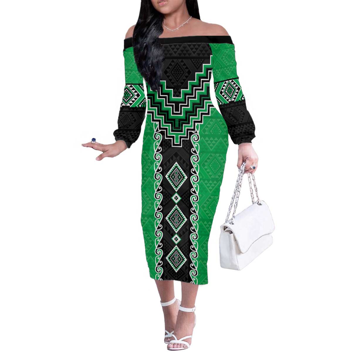 Green Niho Taniwha Mix Poutama Family Matching Off The Shoulder Long Sleeve Dress and Hawaiian Shirt Unique Taniko Aotearoa LT01 Mom's Dress Green - Polynesian Pride