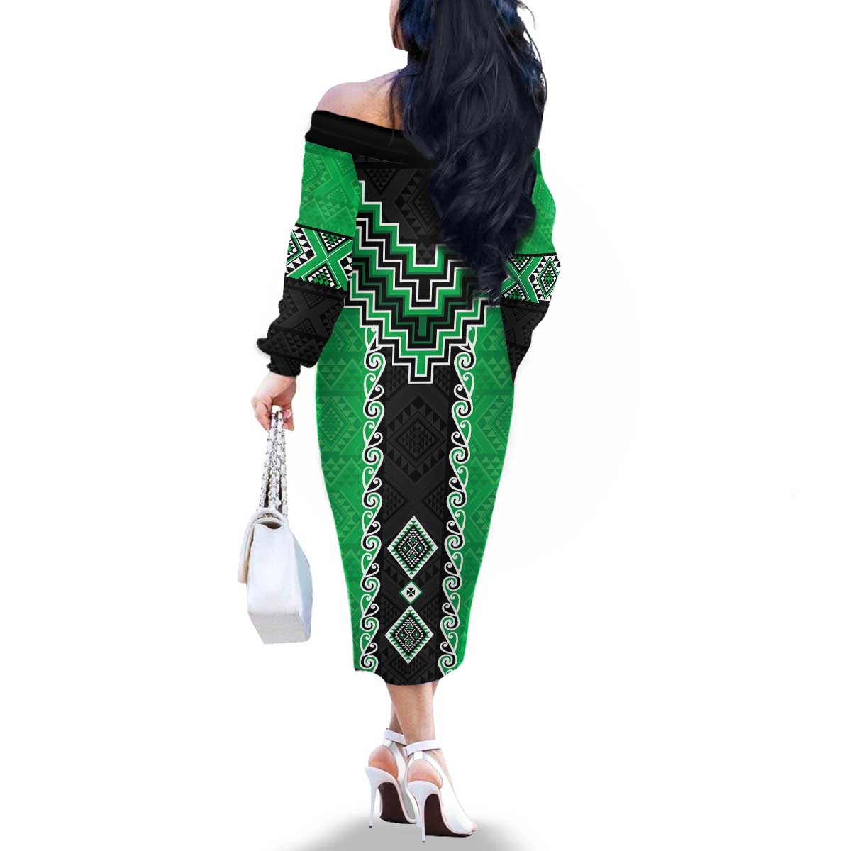 Green Niho Taniwha Mix Poutama Family Matching Off The Shoulder Long Sleeve Dress and Hawaiian Shirt Unique Taniko Aotearoa LT01 - Polynesian Pride