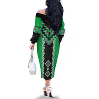 Green Niho Taniwha Mix Poutama Family Matching Off The Shoulder Long Sleeve Dress and Hawaiian Shirt Unique Taniko Aotearoa LT01 - Polynesian Pride