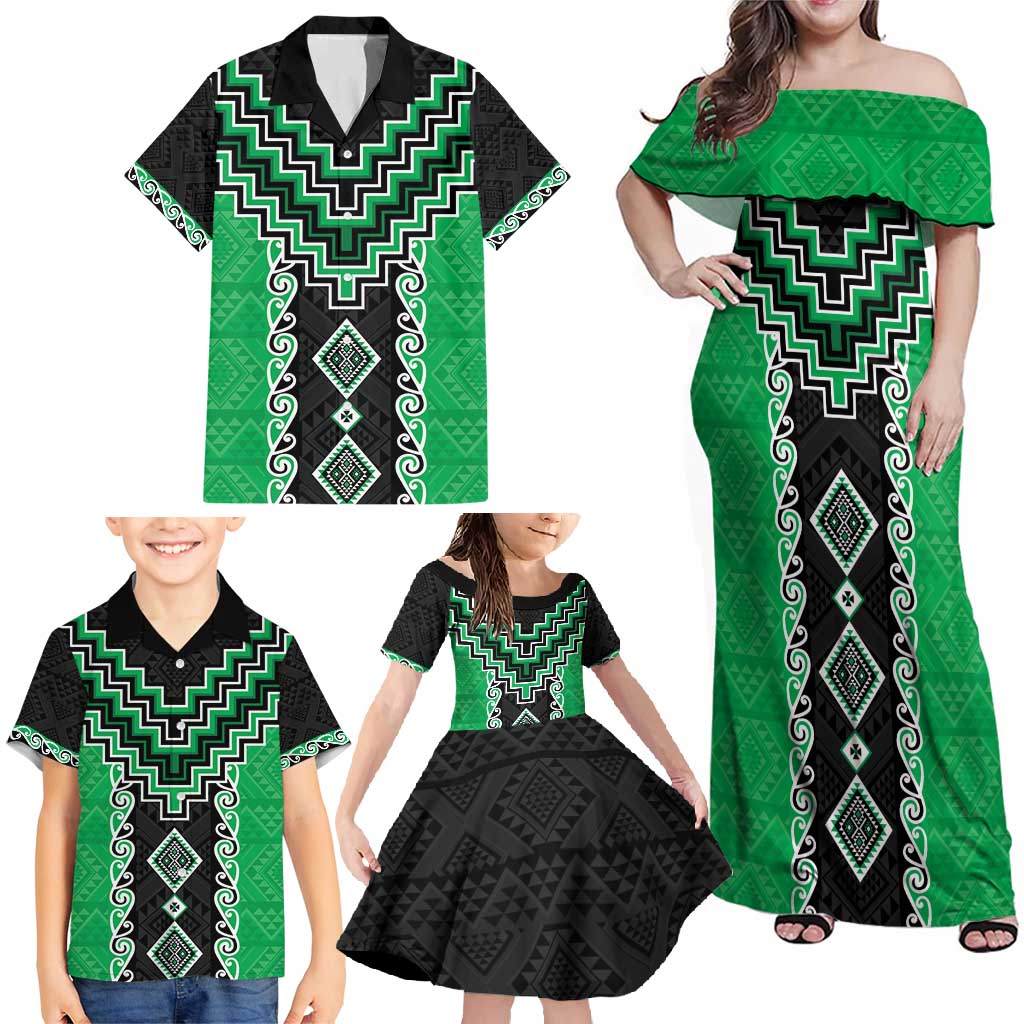Green Niho Taniwha Mix Poutama Family Matching Off Shoulder Maxi Dress and Hawaiian Shirt Unique Taniko Aotearoa LT01 - Polynesian Pride