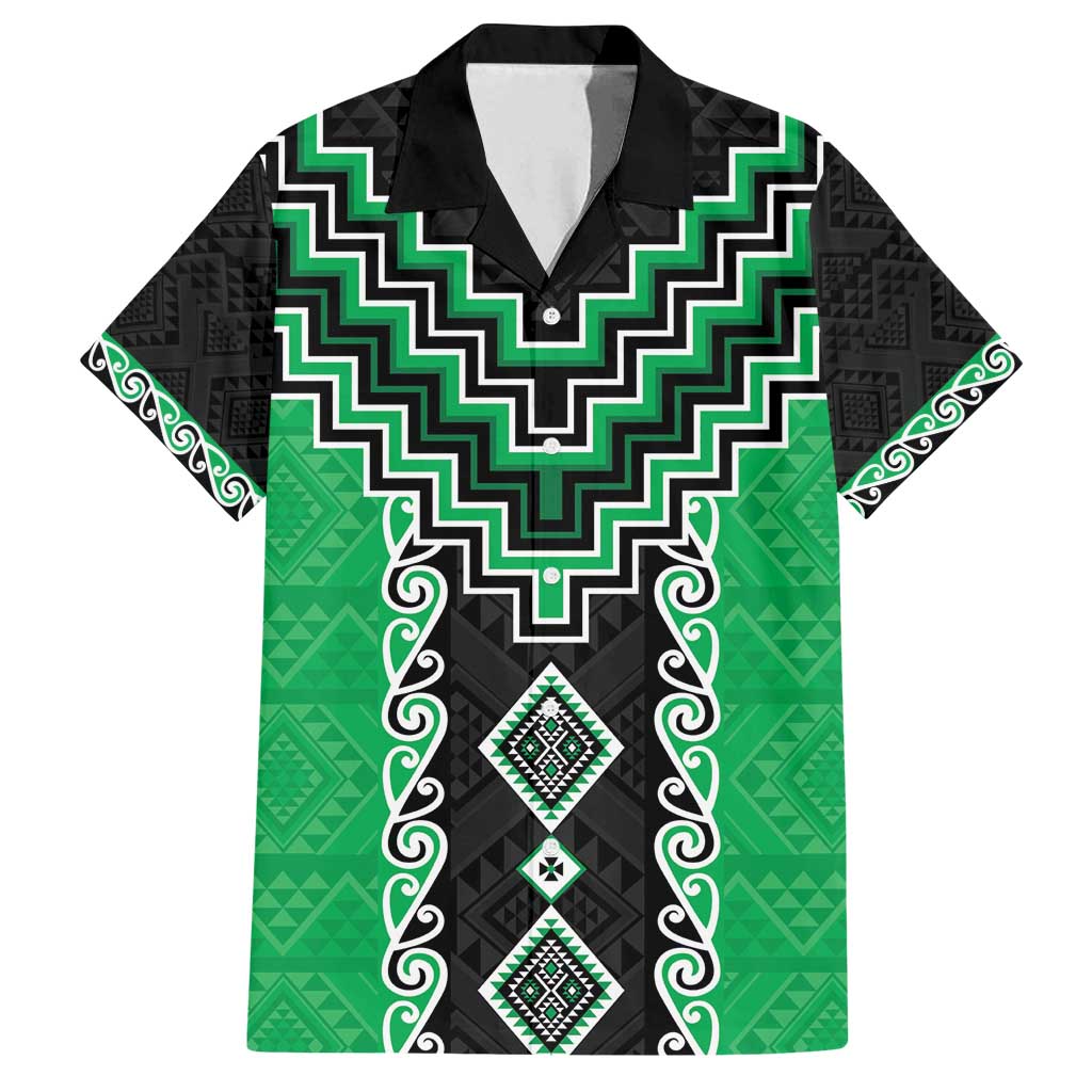 Green Niho Taniwha Mix Poutama Family Matching Off Shoulder Maxi Dress and Hawaiian Shirt Unique Taniko Aotearoa LT01 Dad's Shirt - Short Sleeve Green - Polynesian Pride