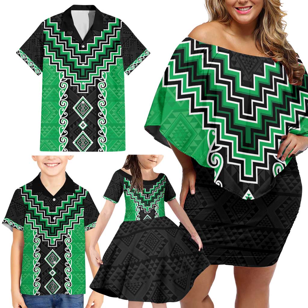 Green Niho Taniwha Mix Poutama Family Matching Off Shoulder Short Dress and Hawaiian Shirt Unique Taniko Aotearoa LT01 - Polynesian Pride