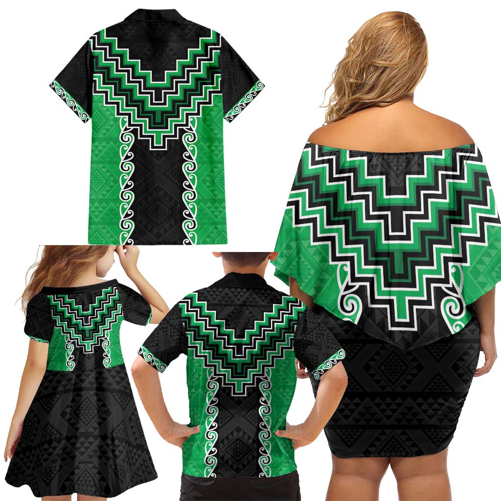 Green Niho Taniwha Mix Poutama Family Matching Off Shoulder Short Dress and Hawaiian Shirt Unique Taniko Aotearoa LT01 - Polynesian Pride